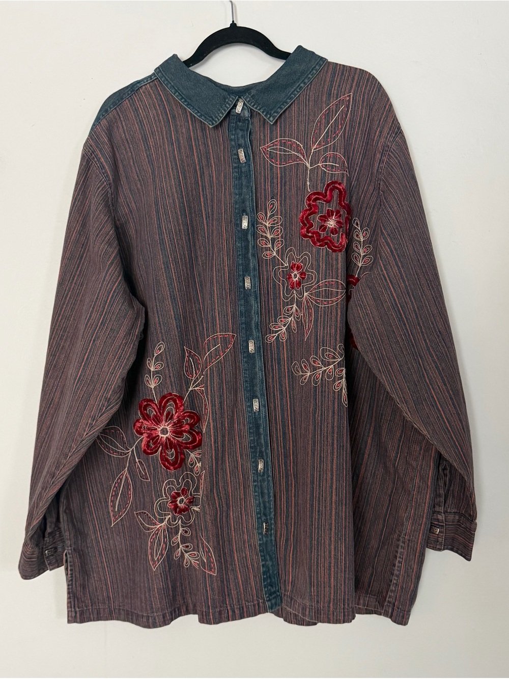 Liz & Me 4X Embroidered Velvet Floral Denim Striped Tunic Shirt Boho
